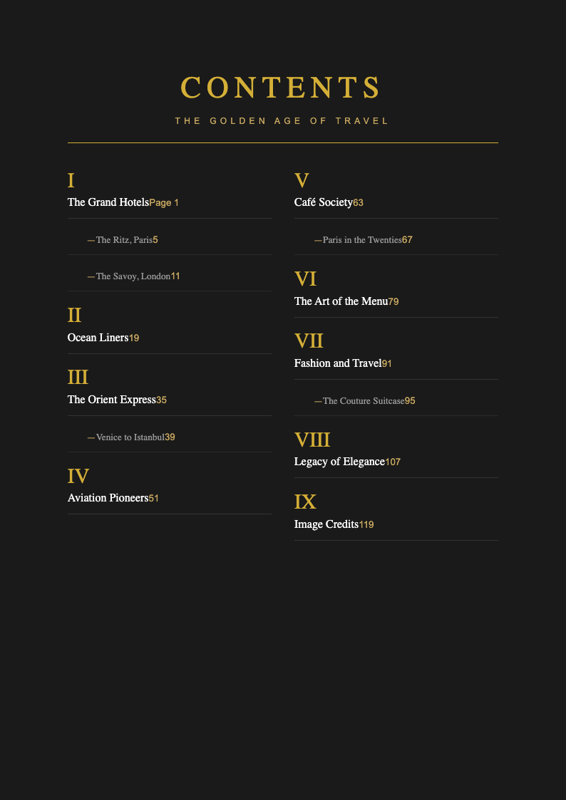 Art deco modern book table of contents